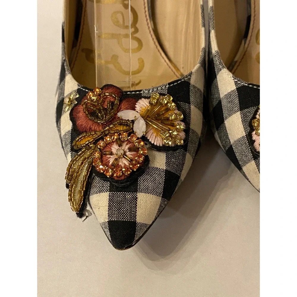 Sam Edelman Hazel Gingham Beaded Floral Ankle Strap Pumps Black White 7.5